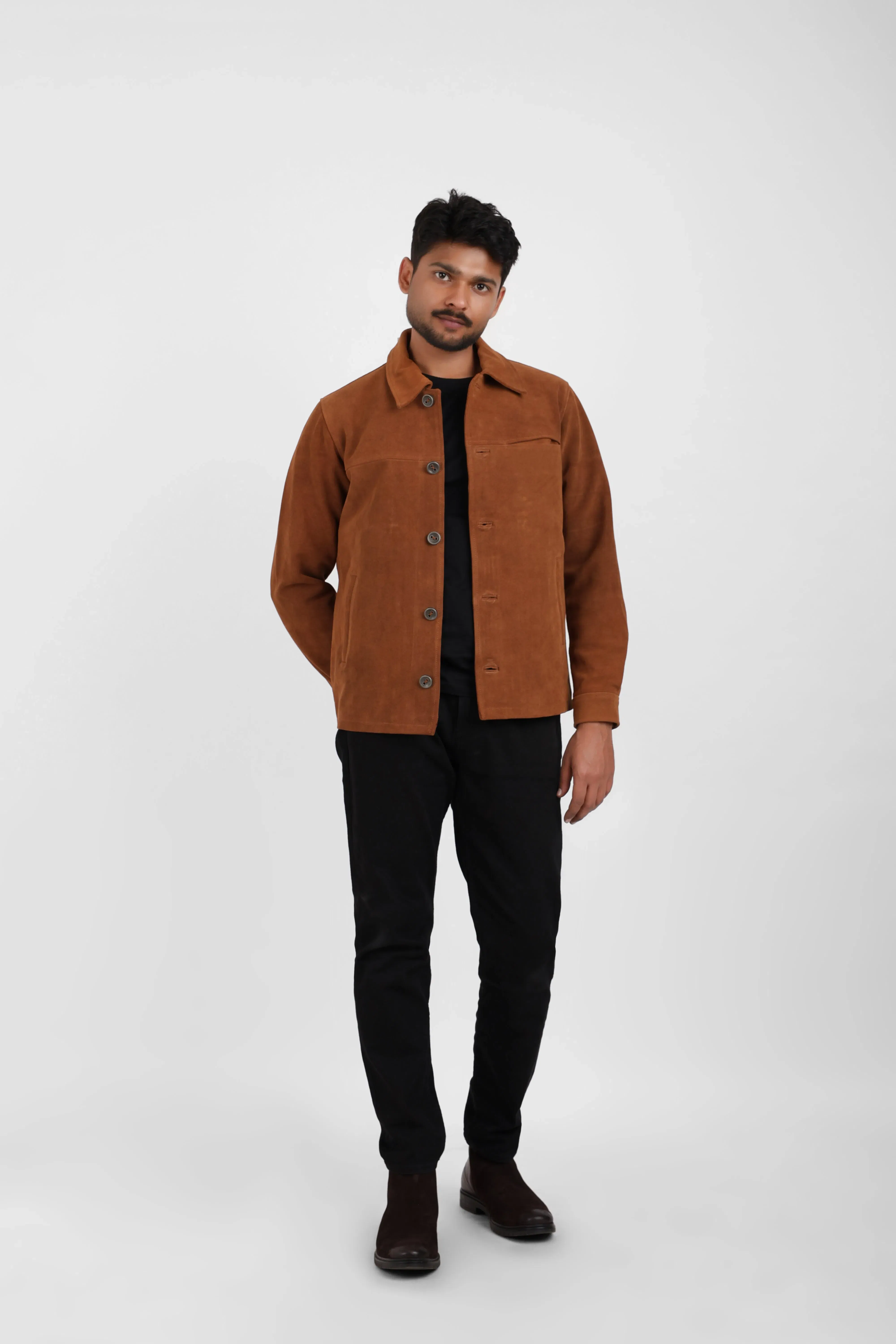 Classic Suede Leather Jacket Tan Buttons