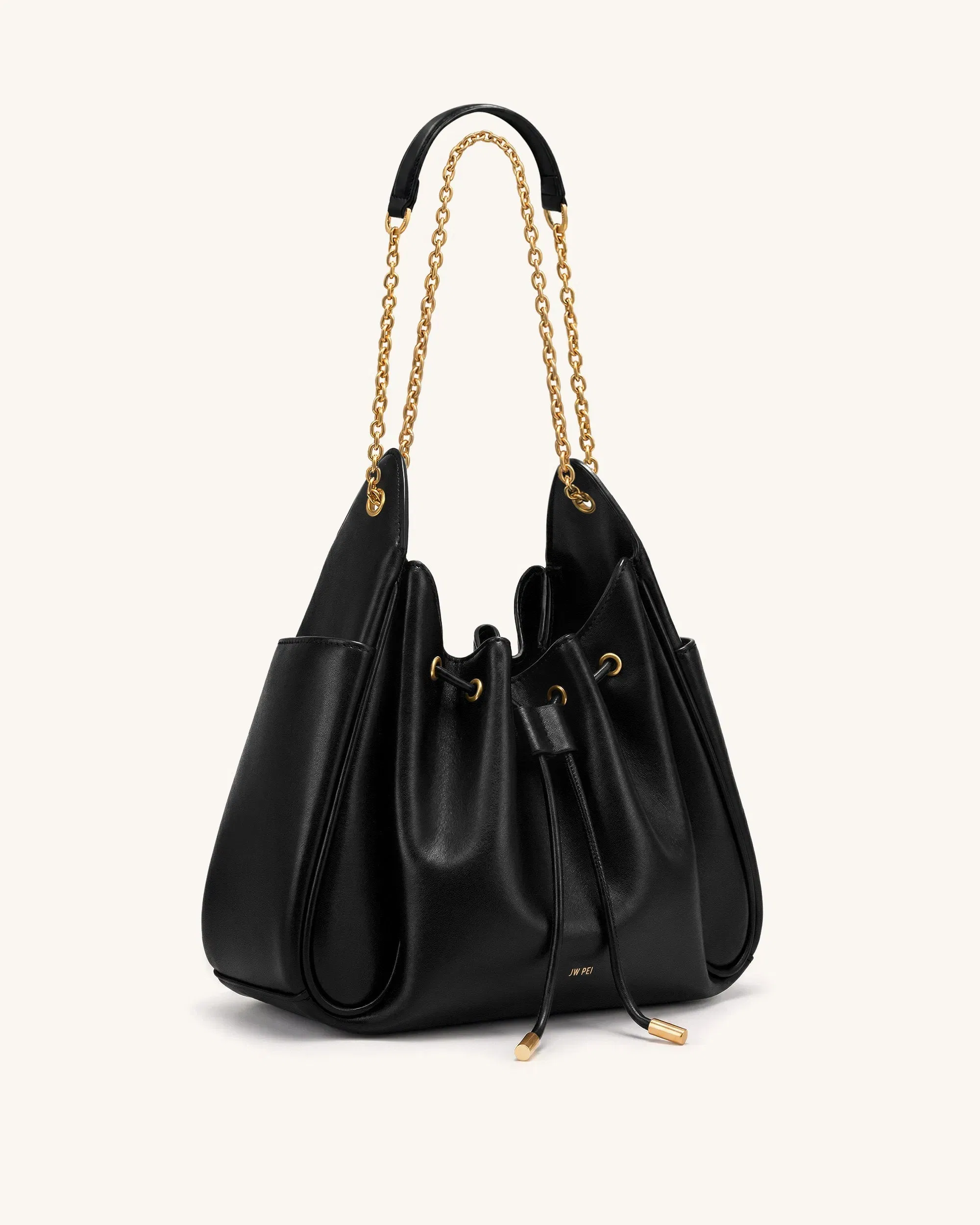 Rowan Ruched Drawstring Chain Bucket Bag - Dark Red Croc