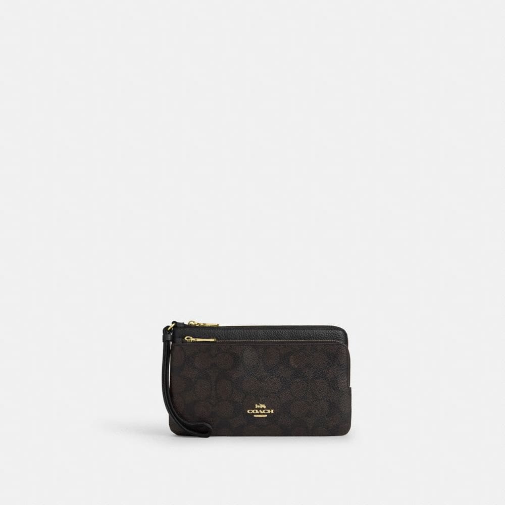 Coach Double Zip Wallet In Signature Canvas Gold Walnut Black