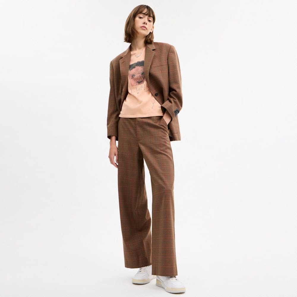 Coach Oversized Single Breasted Blazer Orange Pink Plaid
