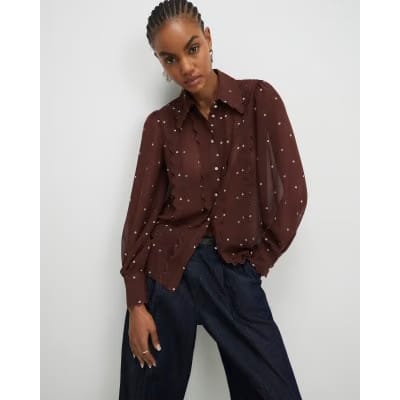 Brown Spot Print Scallop Trim Shirt