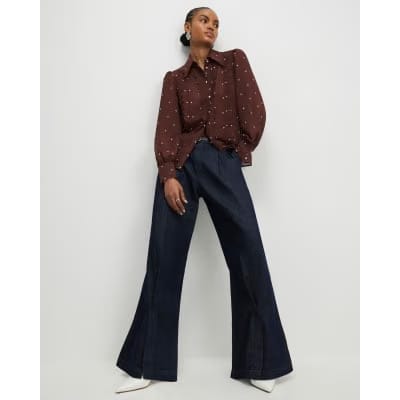 Brown Spot Print Scallop Trim Shirt
