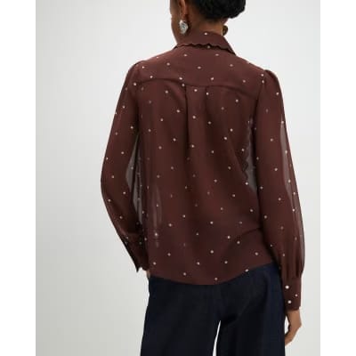 Brown Spot Print Scallop Trim Shirt