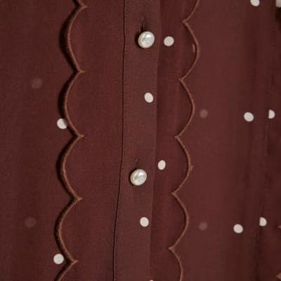 Brown Spot Print Scallop Trim Shirt