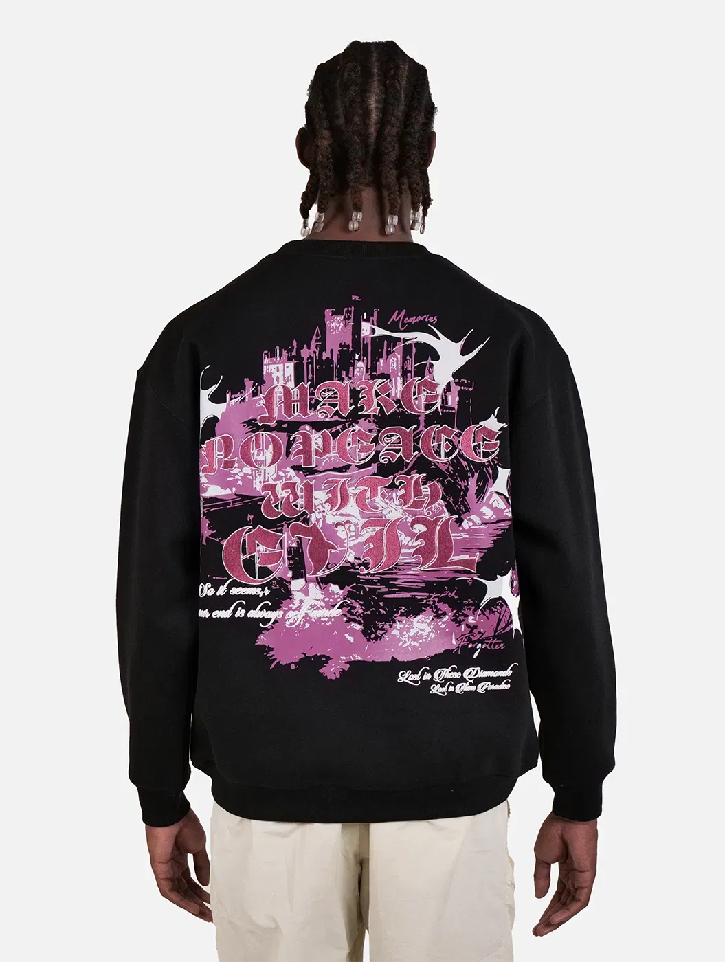 No Peace With EVIL - Black Embroidered Drop Shoulder Men Oversized Sweatshirt