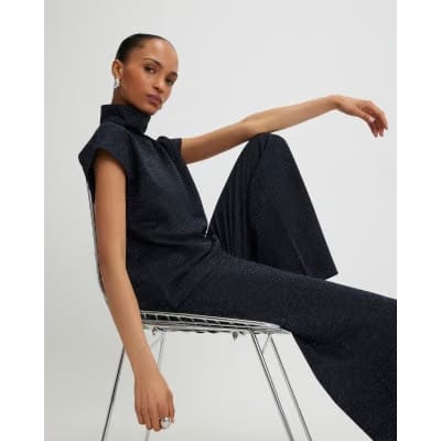 Navy Glitter Wide Leg Trousers