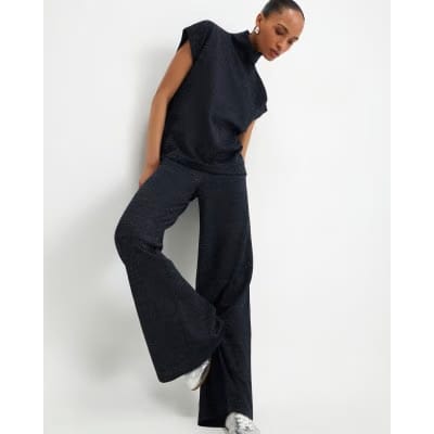 Navy Glitter Wide Leg Trousers