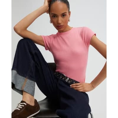 Pink Short Sleeve Fitted Ribbed T-shirt