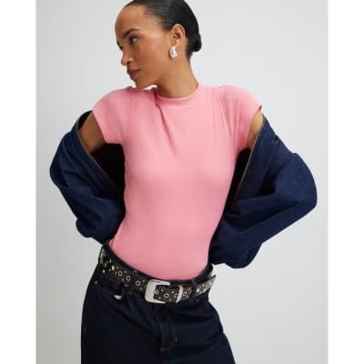 Pink Short Sleeve Fitted Ribbed T-shirt