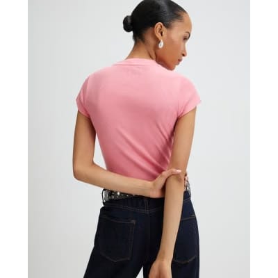 Pink Short Sleeve Fitted Ribbed T-shirt