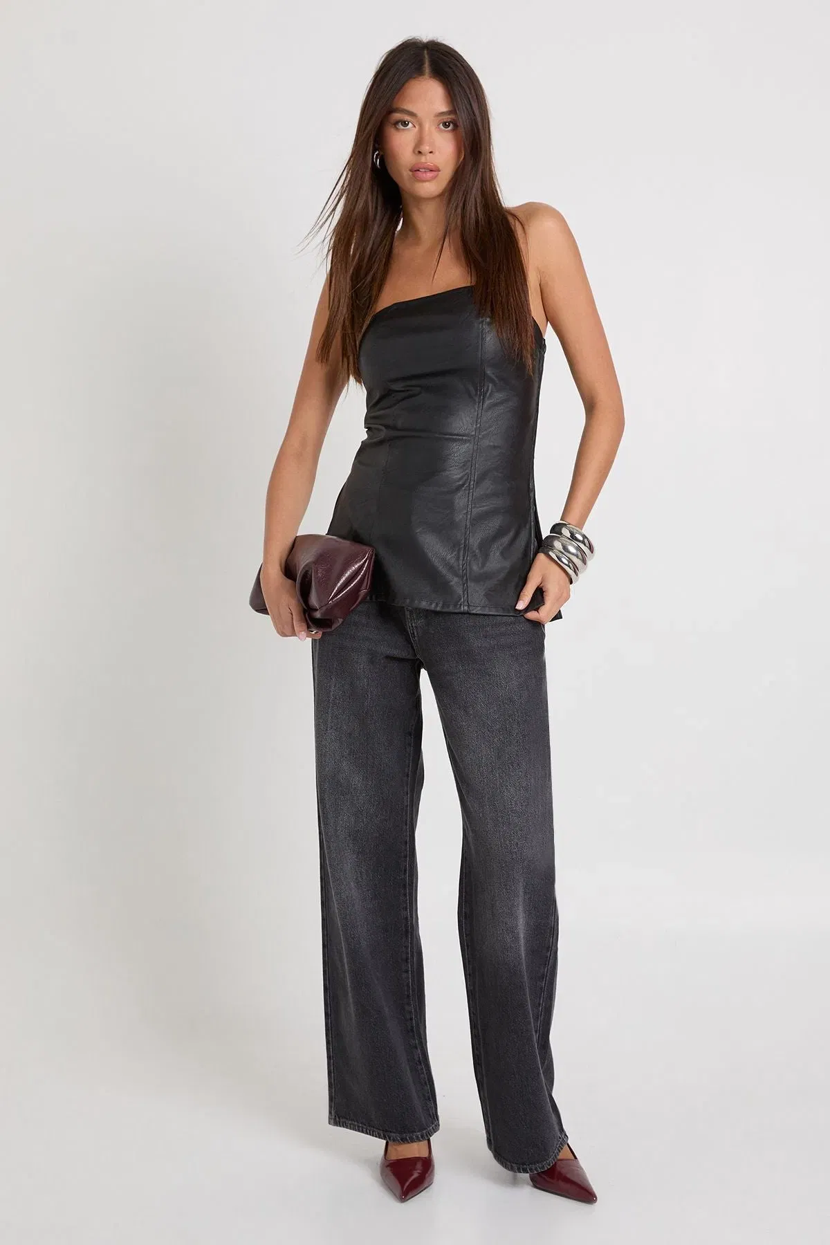 Faux Leather Split Hem Bandeau Top