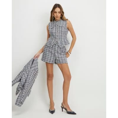 Blue Boucle Fringed Trim Shorts