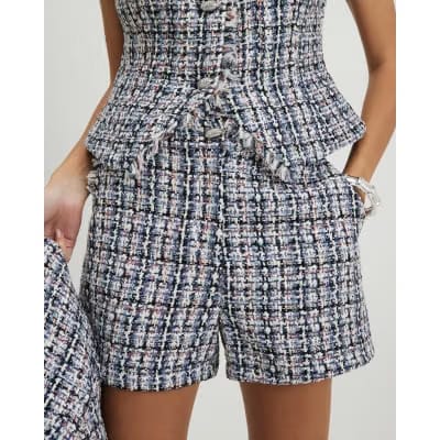 Blue Boucle Fringed Trim Shorts