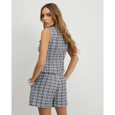 Blue Boucle Fringed Trim Shorts