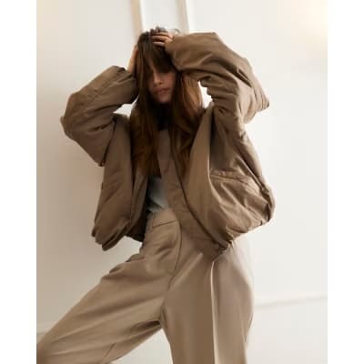 Brown Oversized Bubble Hem Bomber Jacket