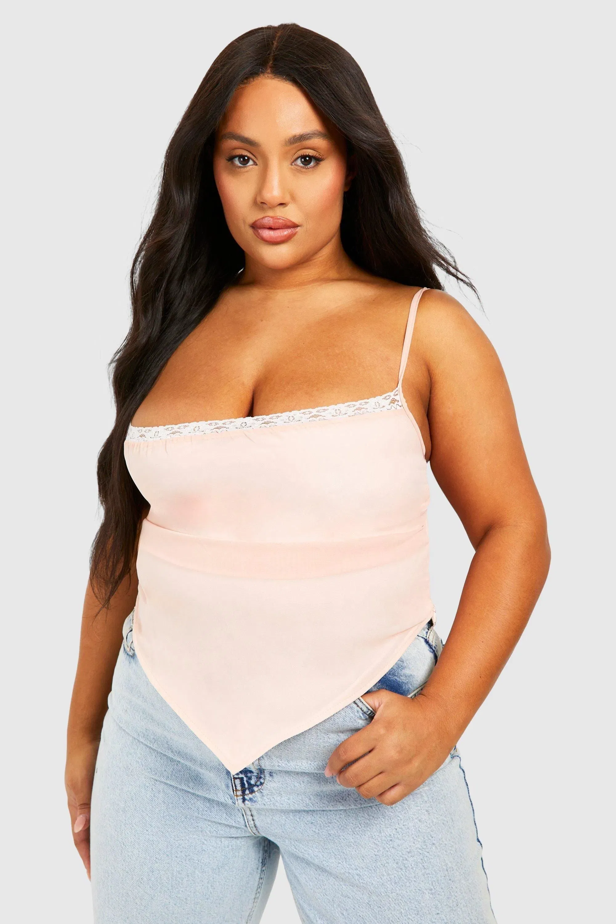 Plus Lace Insert Asymmetric Hem Cami Top