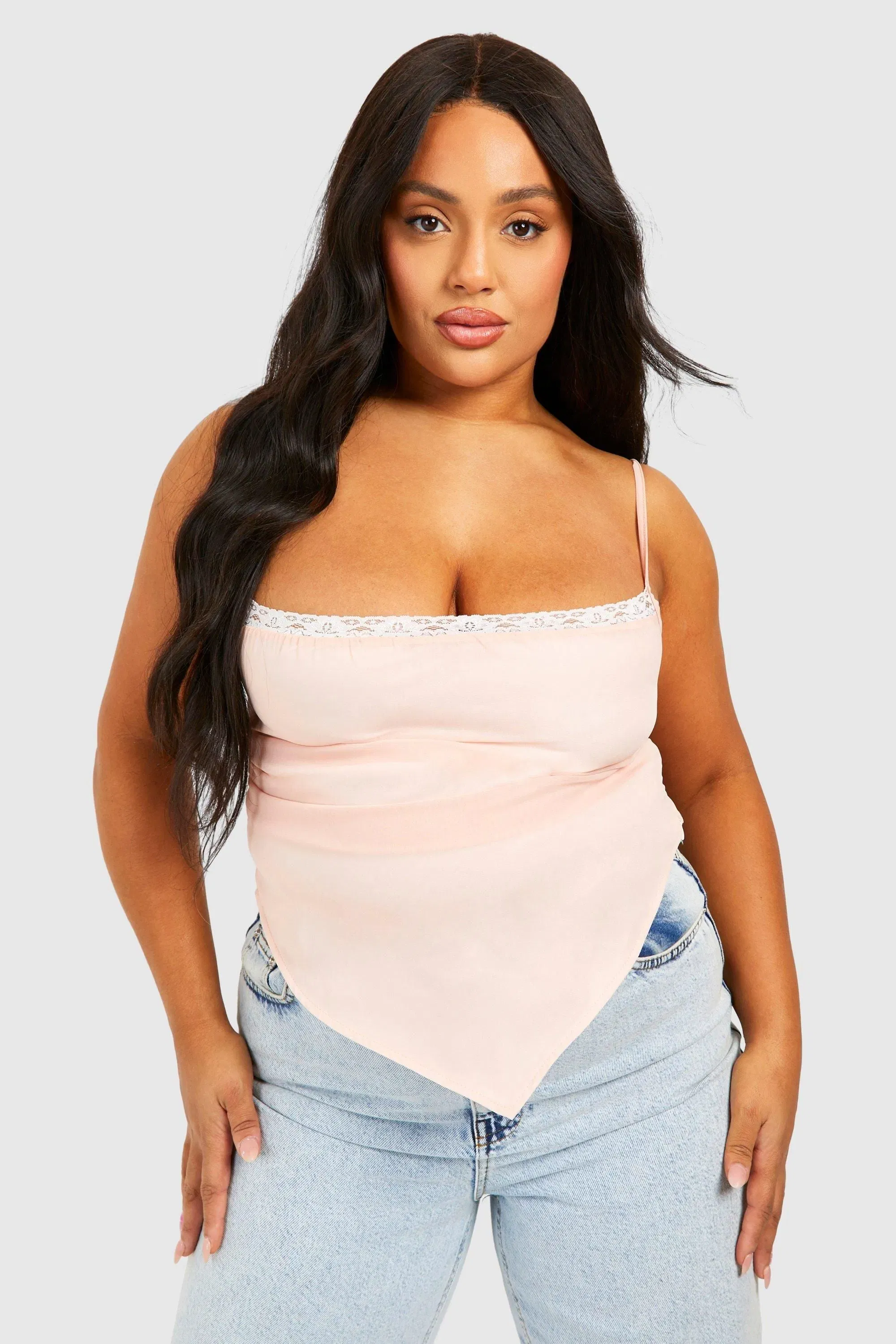 Plus Lace Insert Asymmetric Hem Cami Top