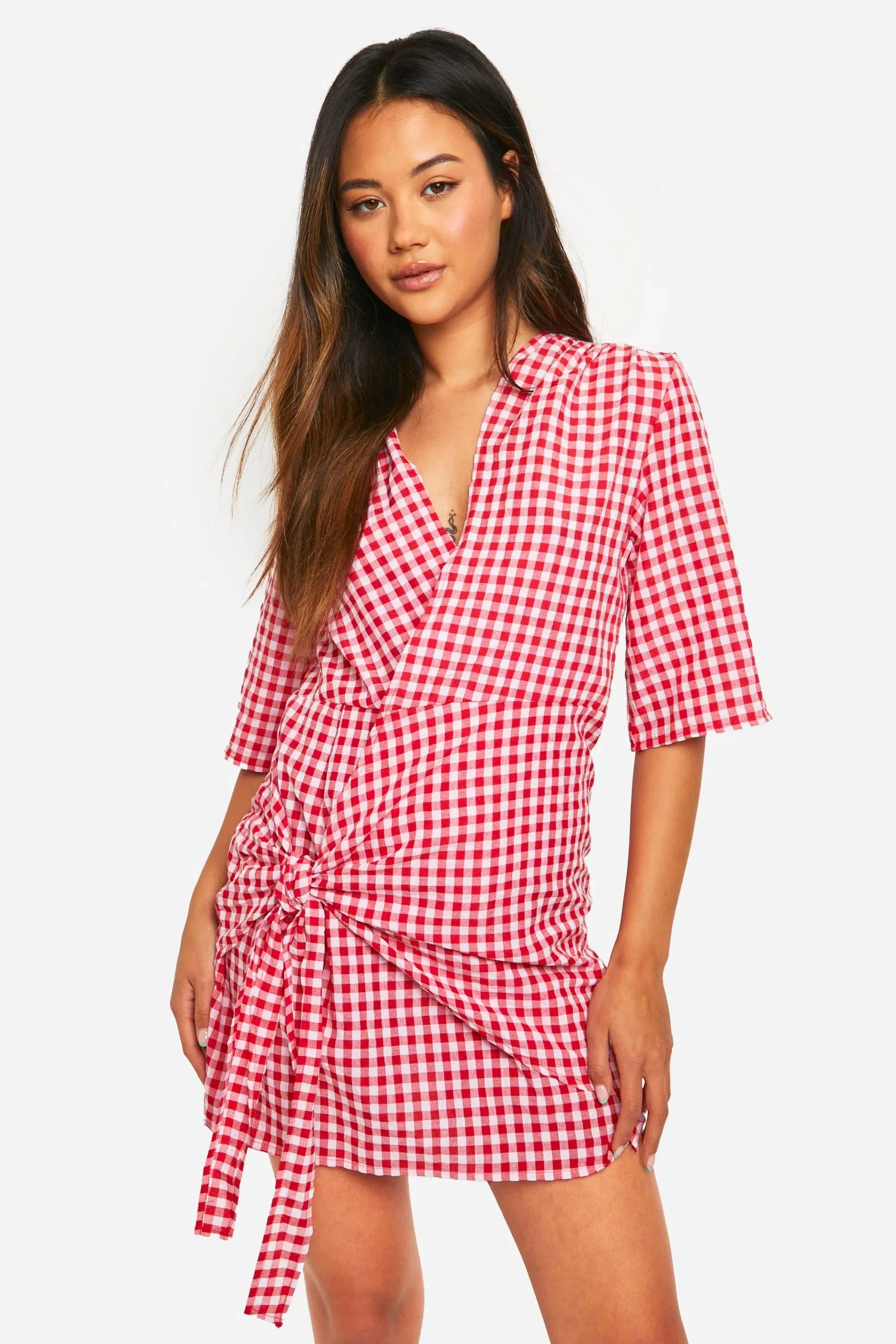 Textured Gingham Wrap Dress