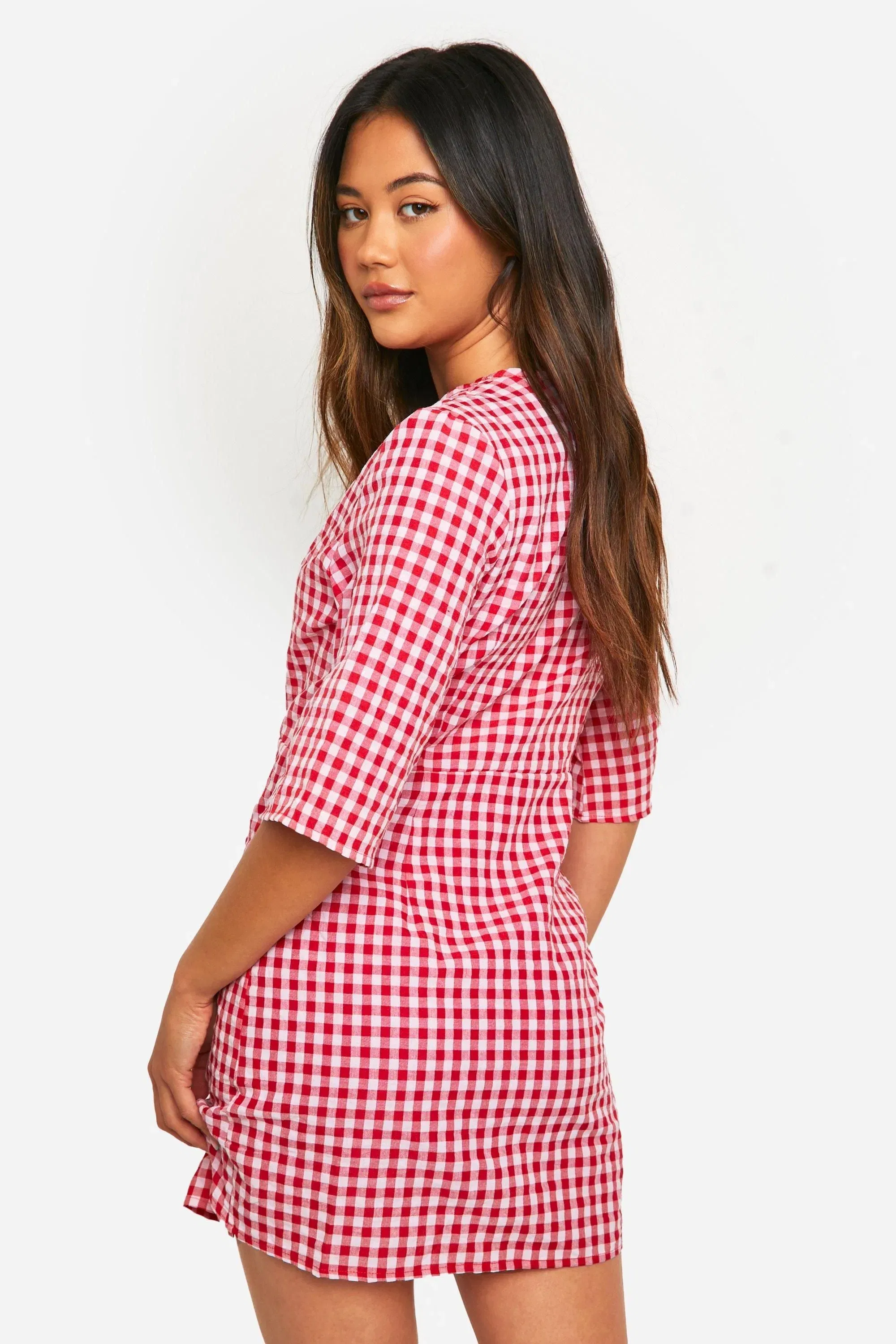 Textured Gingham Wrap Dress