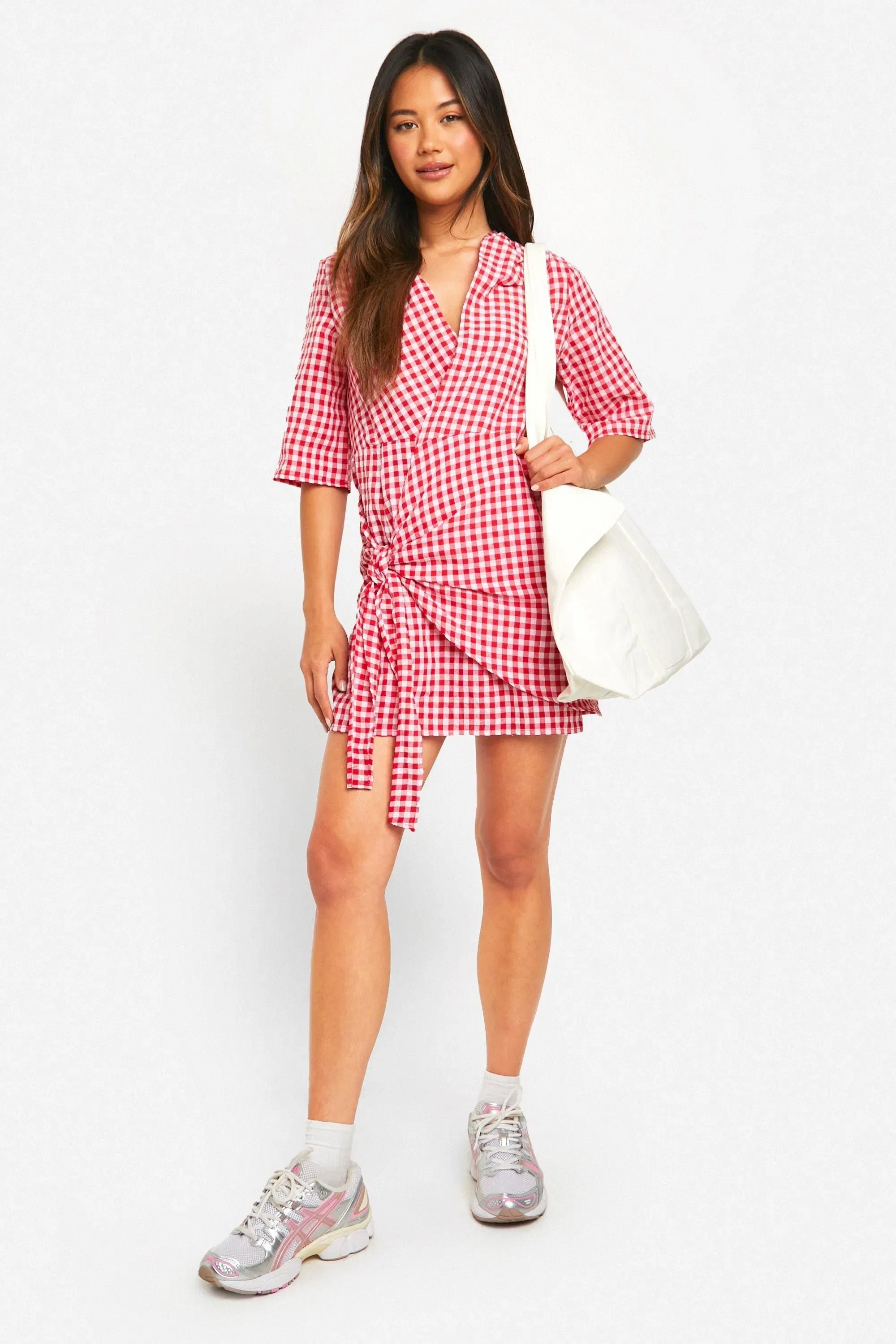 Textured Gingham Wrap Dress