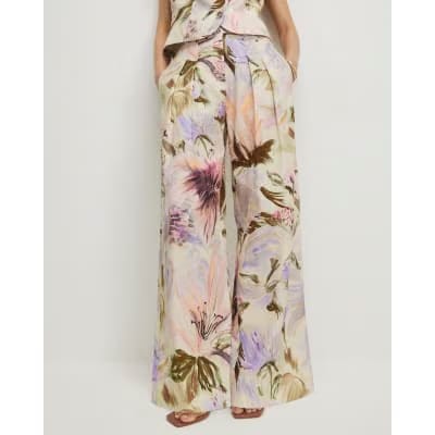 Pink Linen Blend Floral Wide Leg Trousers