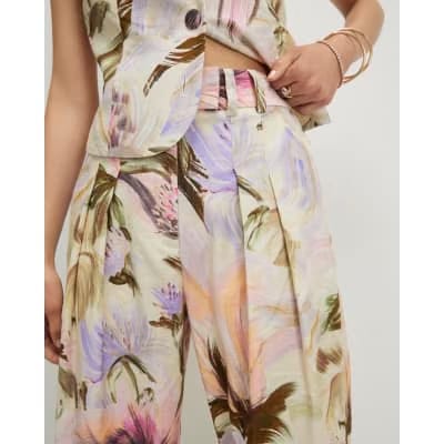 Pink Linen Blend Floral Wide Leg Trousers
