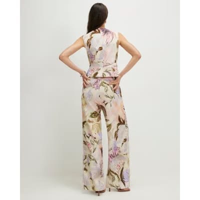 Pink Linen Blend Floral Wide Leg Trousers