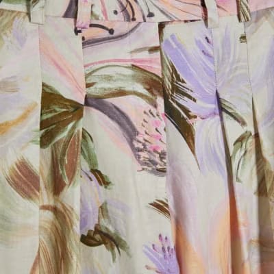 Pink Linen Blend Floral Wide Leg Trousers