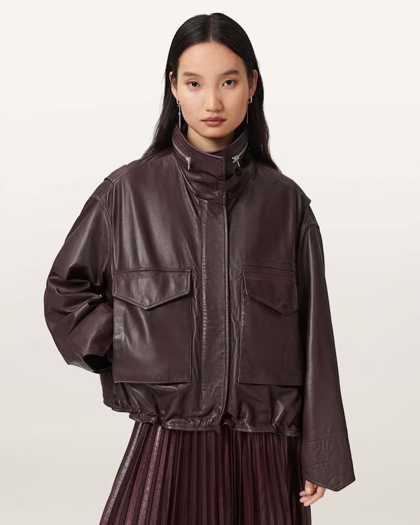 AllSaints Clay Funnel Neck Oversized Leather Jacket Women's Oxblood Red Women's