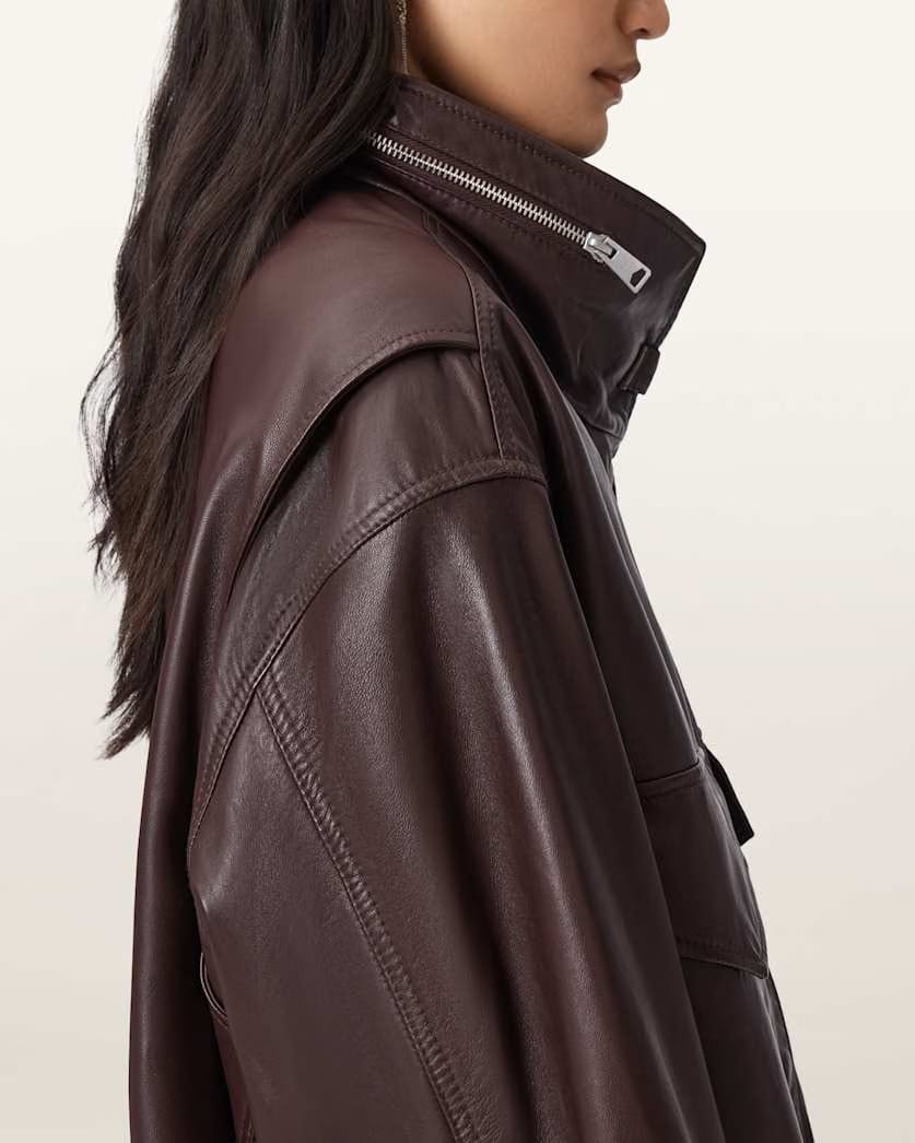 AllSaints Clay Funnel Neck Oversized Leather Jacket Women's Oxblood Red Women's