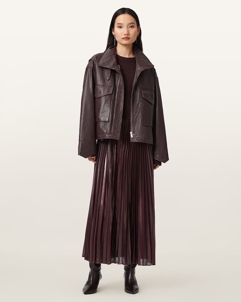 AllSaints Clay Funnel Neck Oversized Leather Jacket Women's Oxblood Red Women's