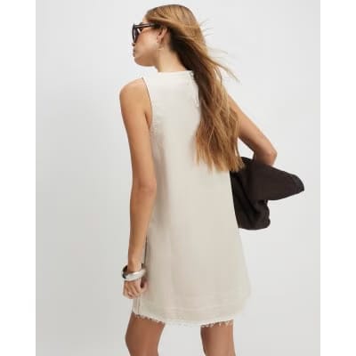 Cream Denim Popper Detail Mini Swing Dress