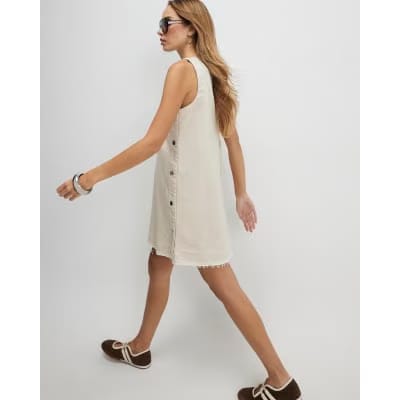 Cream Denim Popper Detail Mini Swing Dress