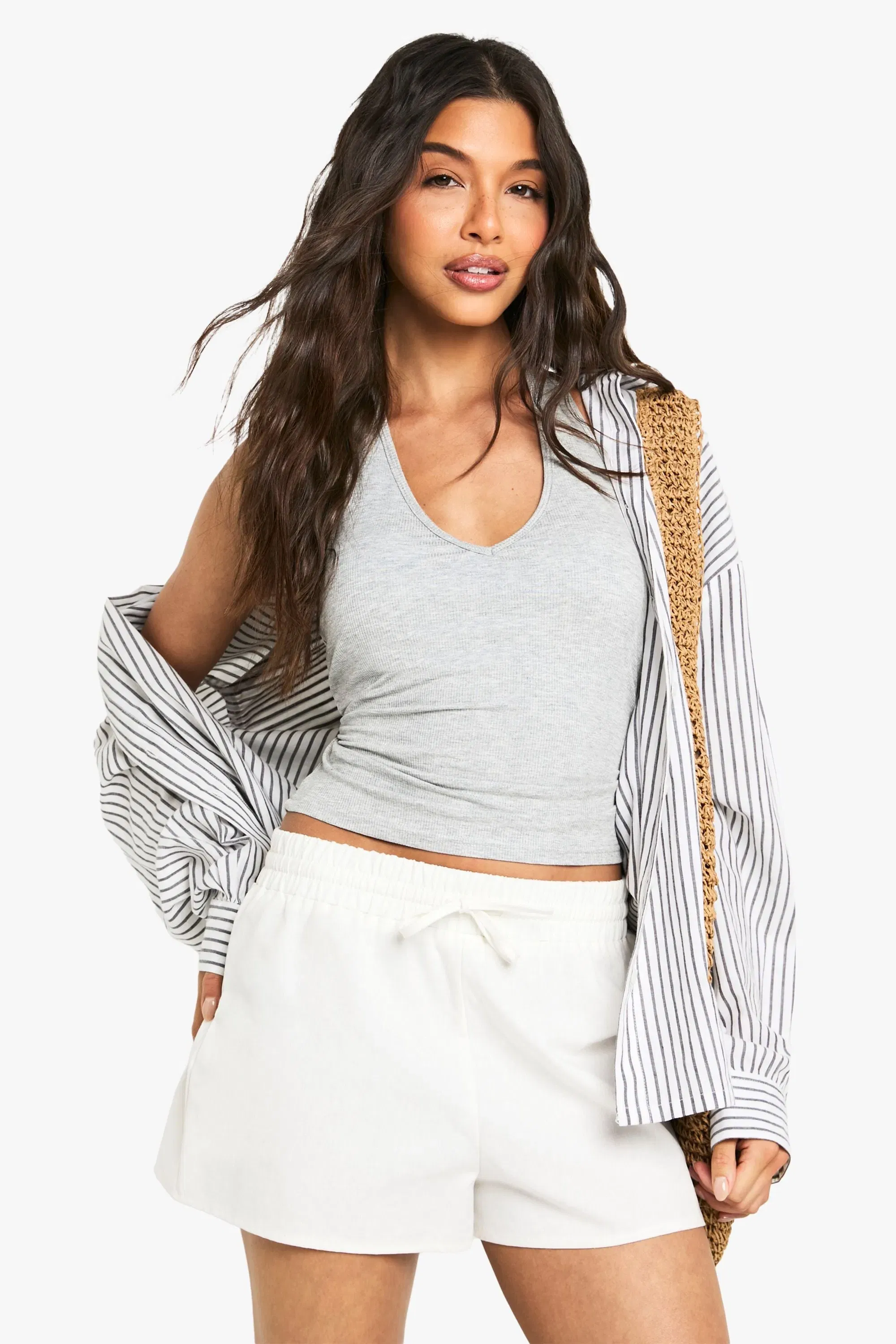 Built In Padded Soft Ribbed Plunge Halterneck Top