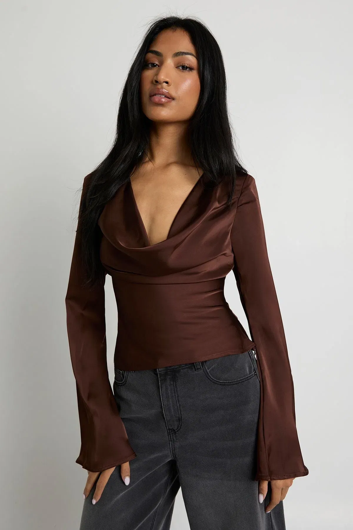Long Sleeve Satin Cowl Neck Top