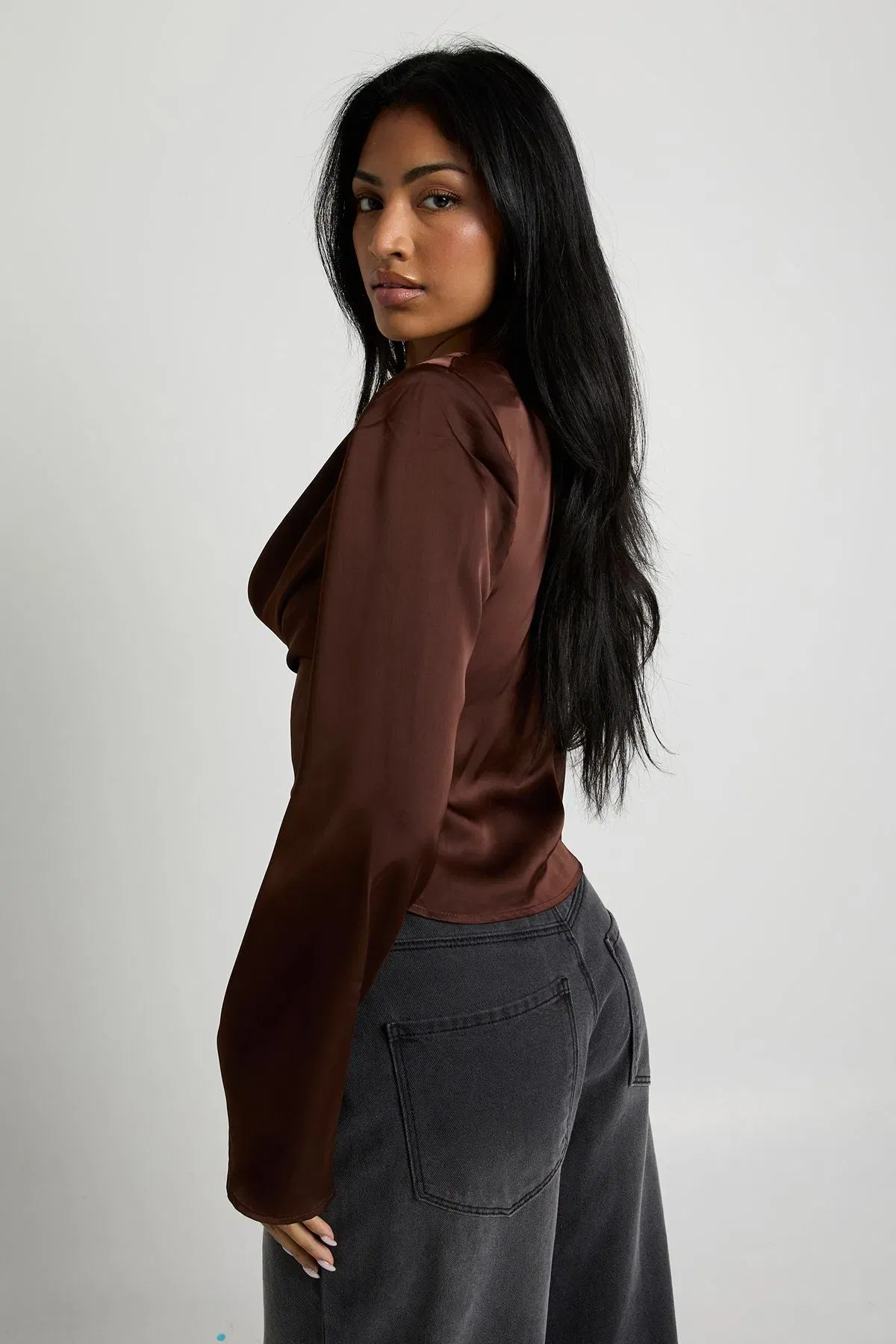 Long Sleeve Satin Cowl Neck Top