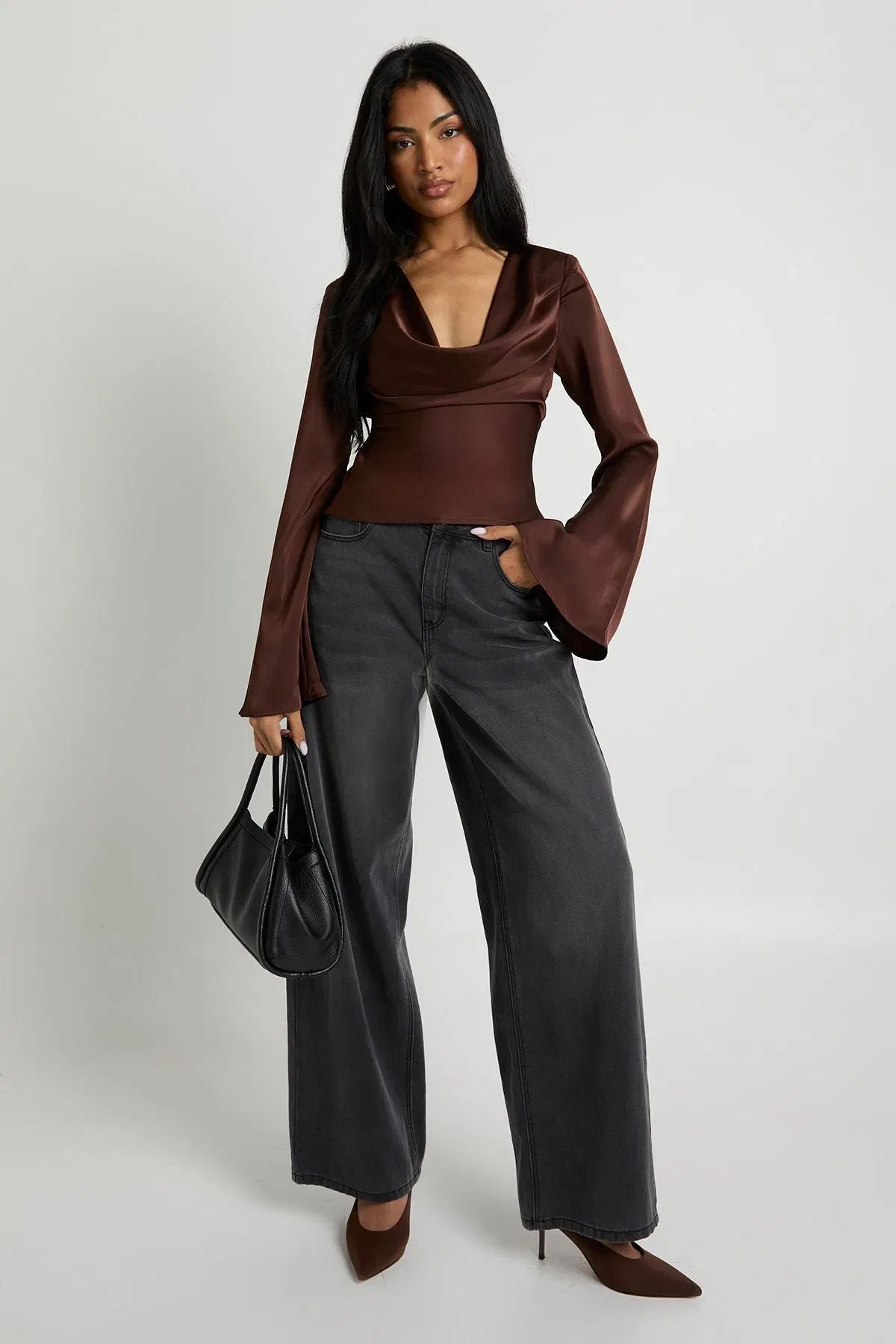 Long Sleeve Satin Cowl Neck Top