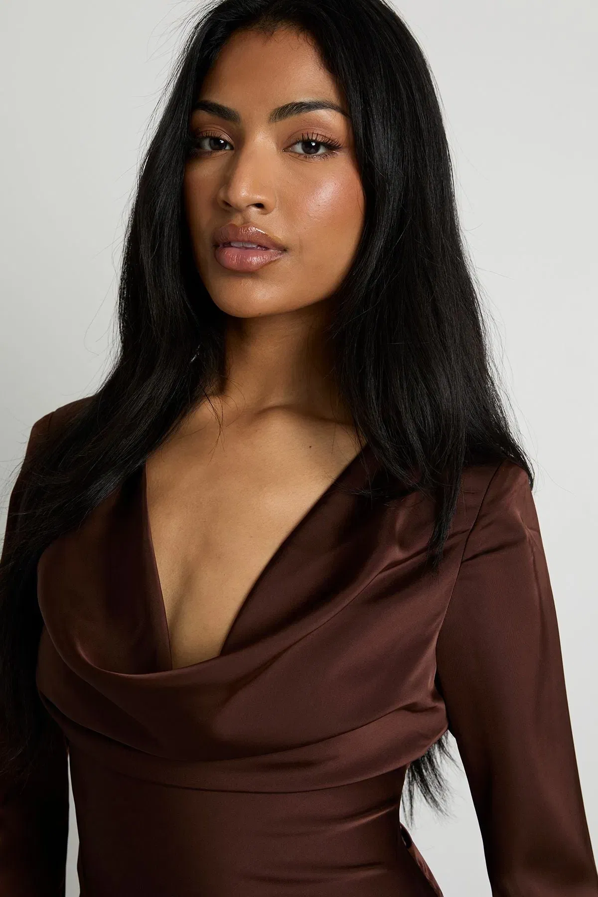 Long Sleeve Satin Cowl Neck Top