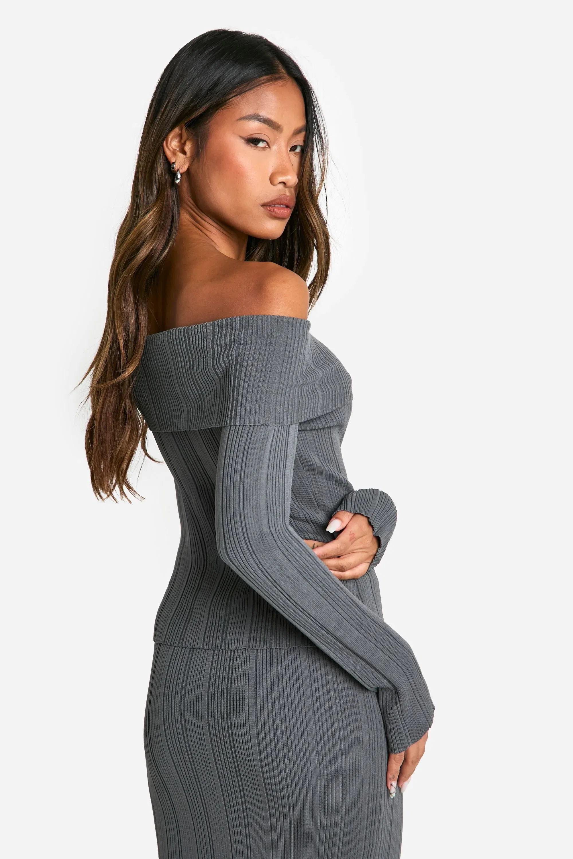 Lightweight Rib Knitted Bardot Long Sleeve Top