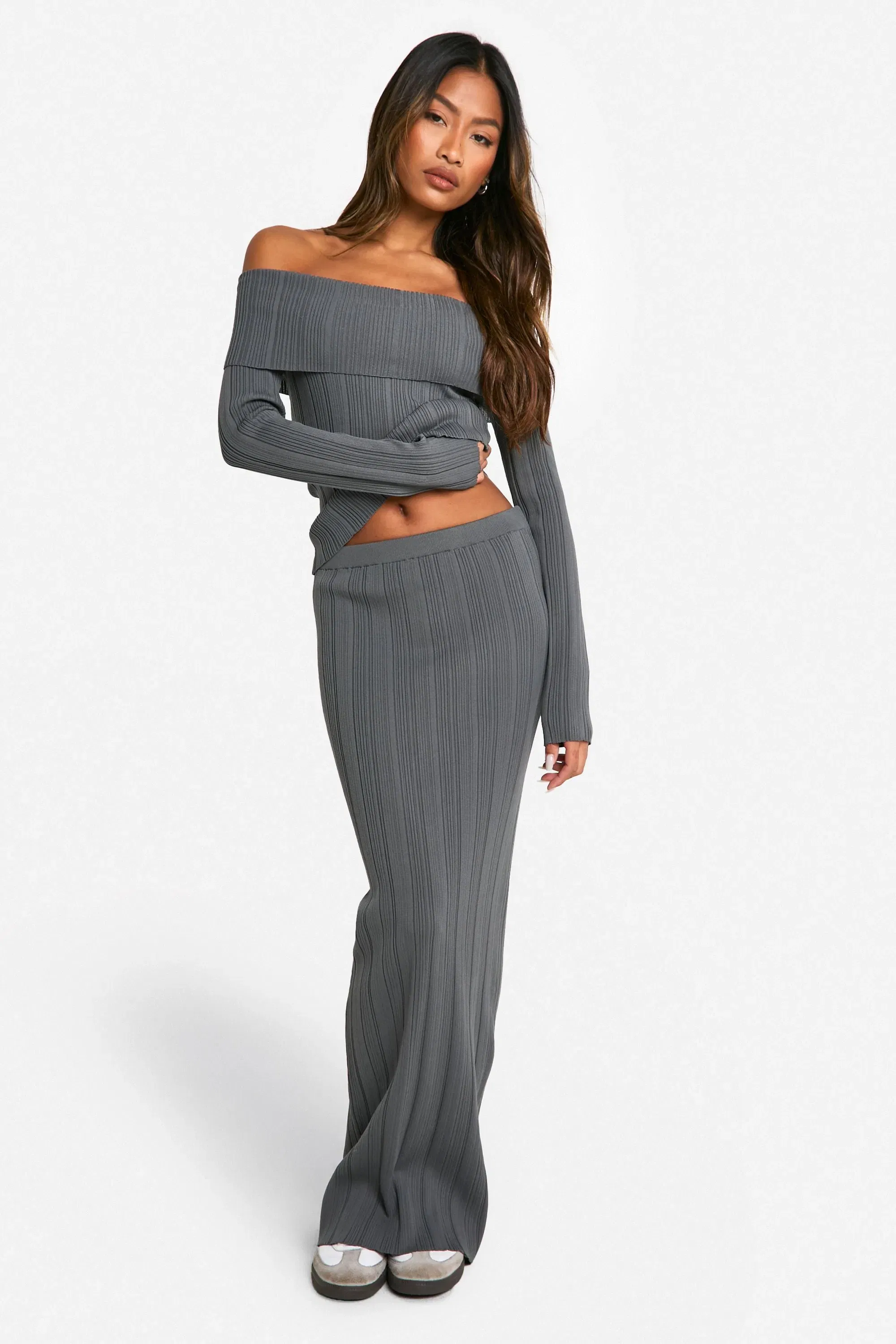 Lightweight Rib Knitted Bardot Long Sleeve Top