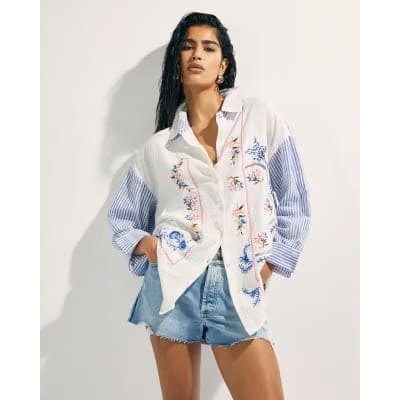 White Broderie Patchwork Stripe Shirt