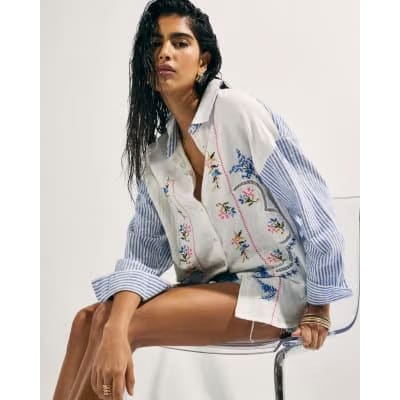 White Broderie Patchwork Stripe Shirt