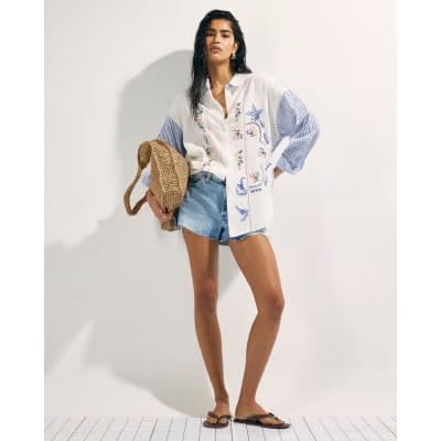 White Broderie Patchwork Stripe Shirt