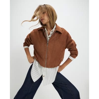 Tan Faux Suede Bubble Hem Bomber Jacket