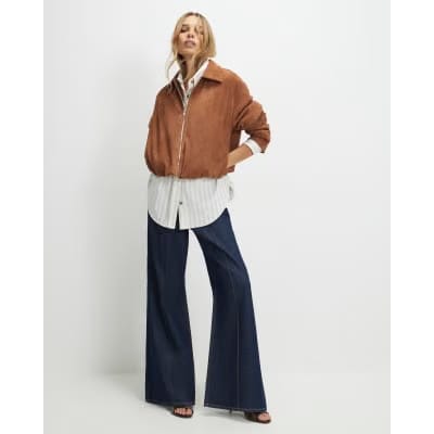 Tan Faux Suede Bubble Hem Bomber Jacket