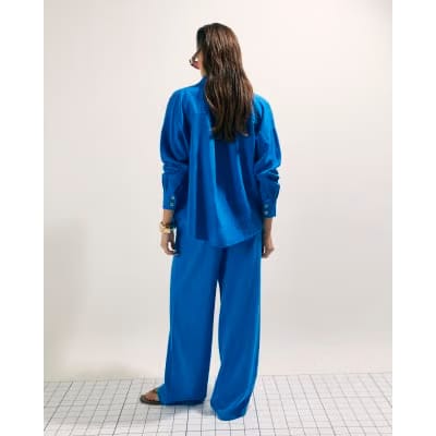 Blue Linen Blend Drawstring Wide Leg Trousers