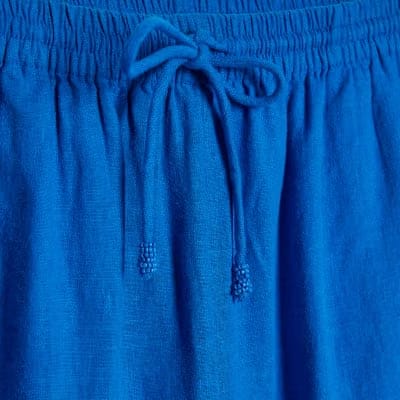 Blue Linen Blend Drawstring Wide Leg Trousers