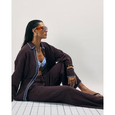 Brown Whipstitch Drawstring Trousers