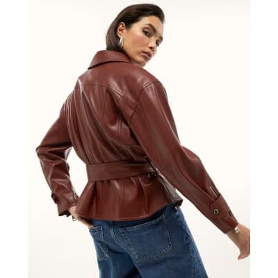 Red Faux Leather Belted Jacket