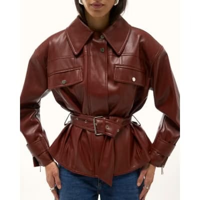Red Faux Leather Belted Jacket